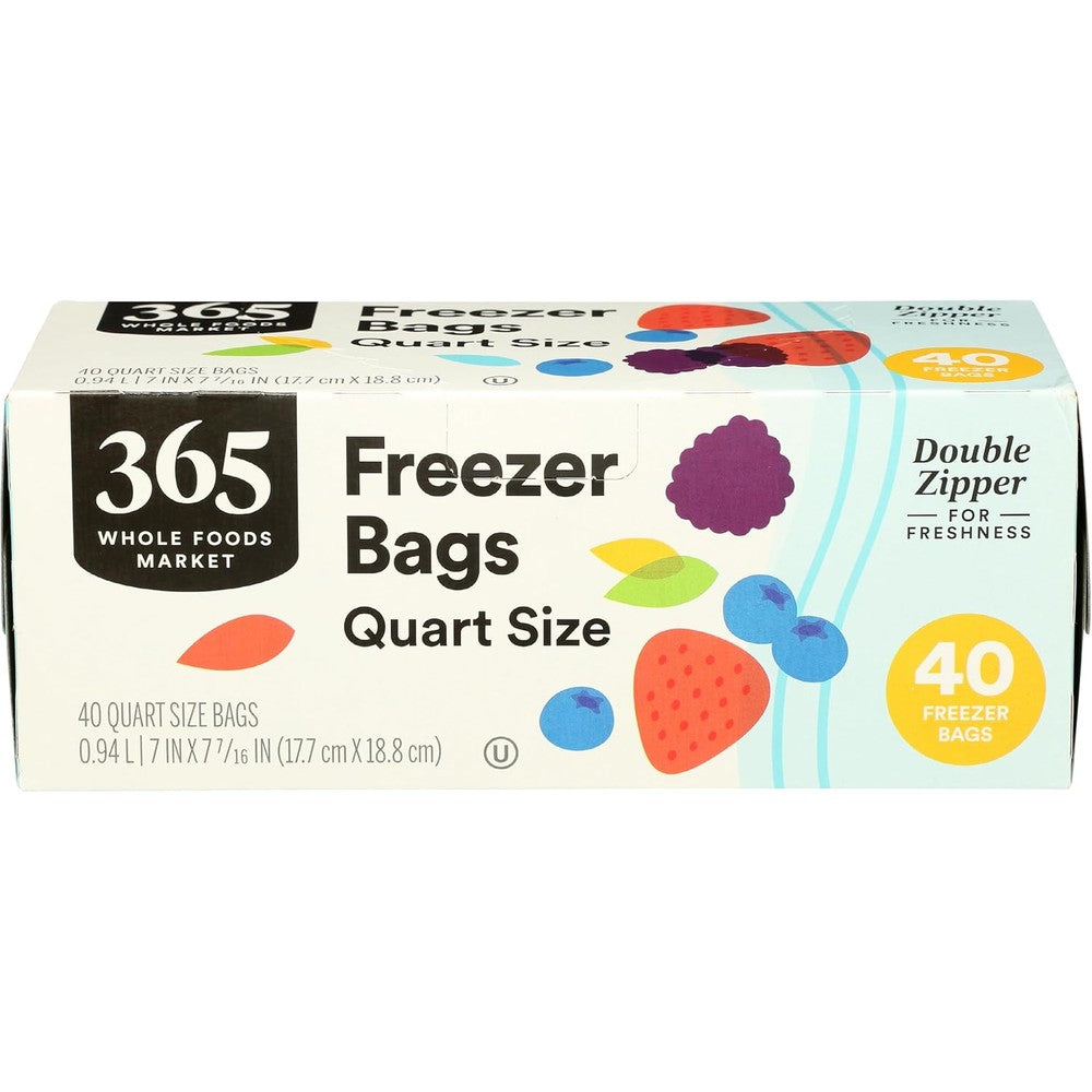 365 by Whole Foods Market Quart Size Freezer Bags front view authentic imported food storage.