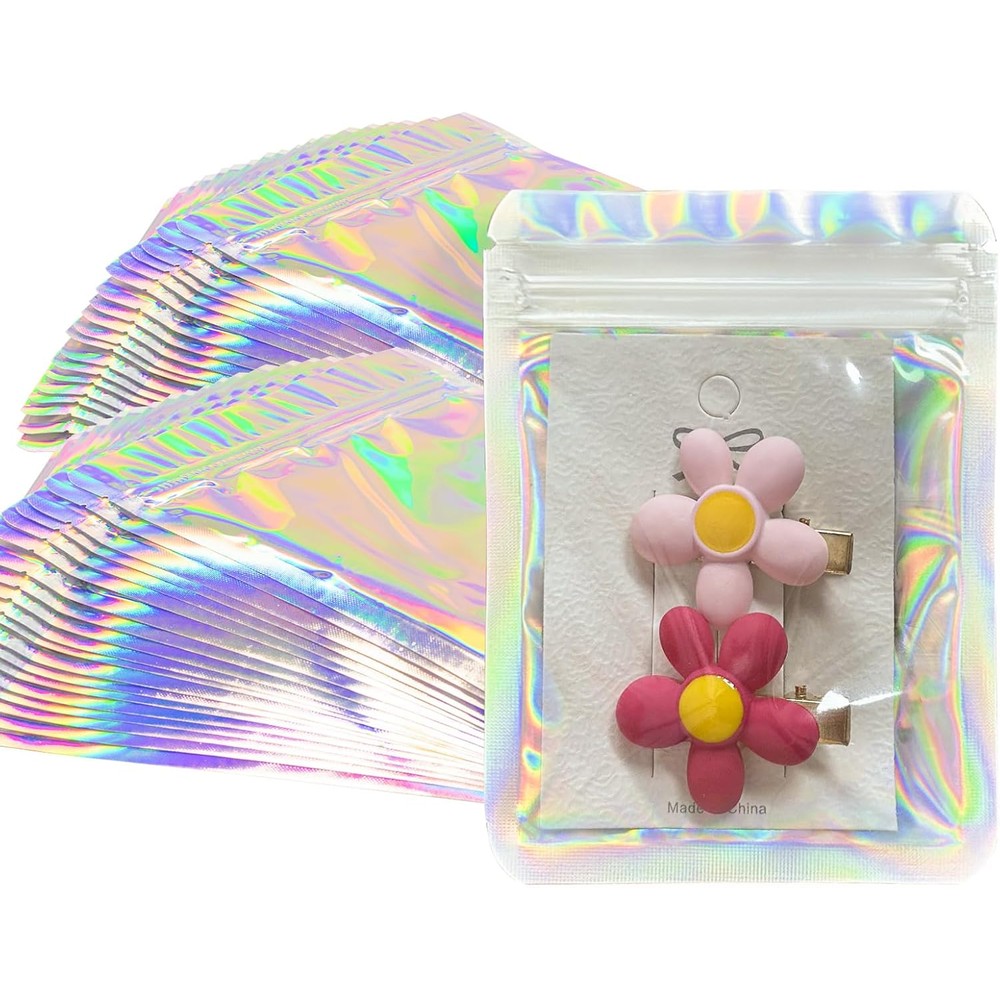 YHJZ Holographic Mylar Bags 100 Pieces front view showing iridescent rainbow color and clear window for small business packaging.