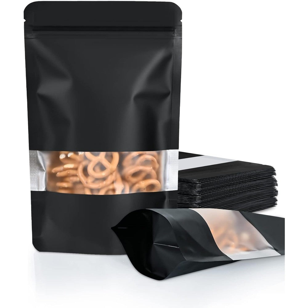FireKylin 100 Pack Smell Proof Bags front view showing matte black finish and clear window for food storage.