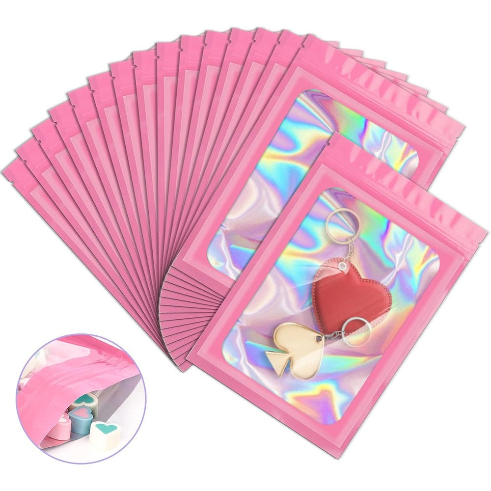 ANZNKU Pink Holographic Mylar Bags front view for small business packaging