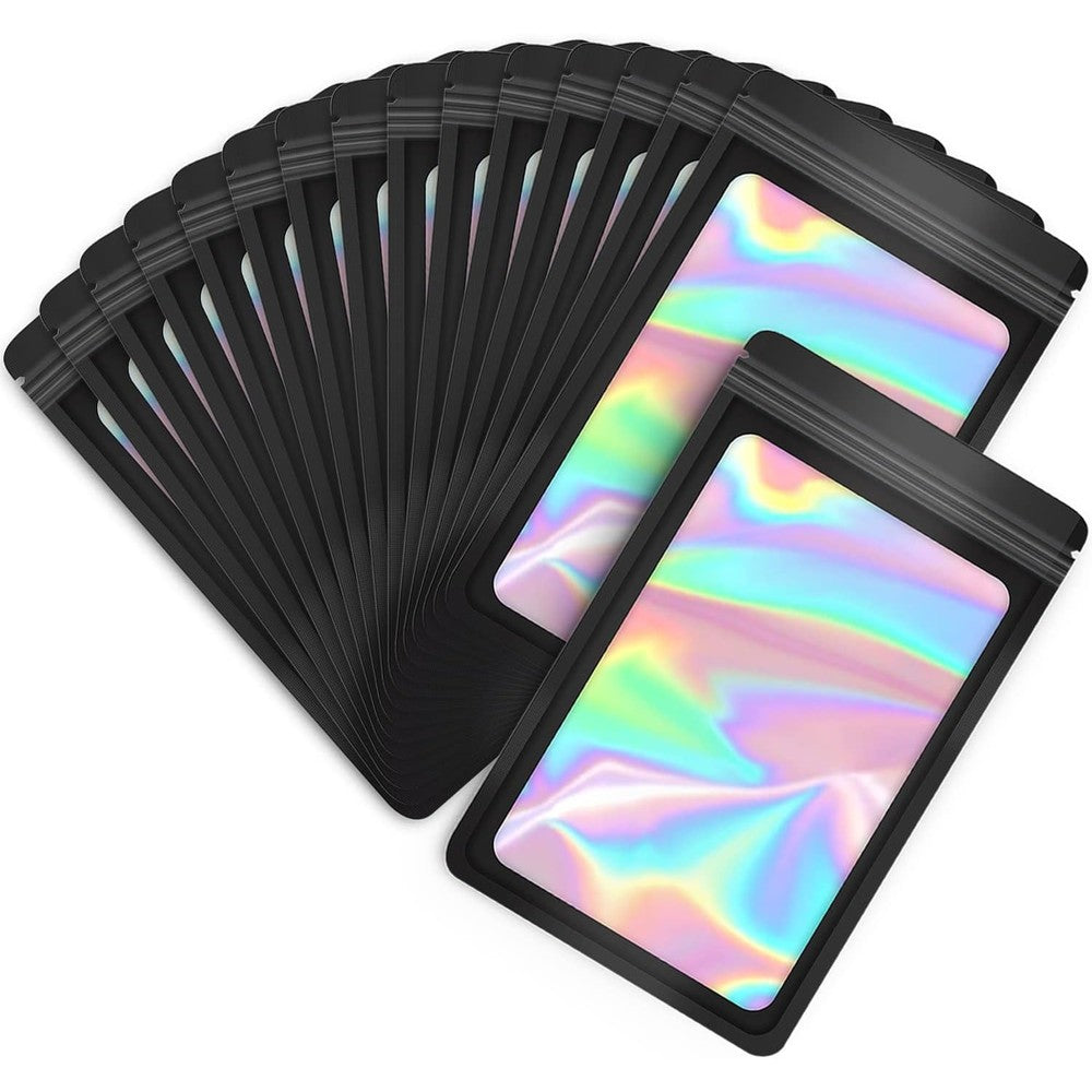 EONJOE 100 pack black holographic mylar bags with clear window front view for small business packaging.