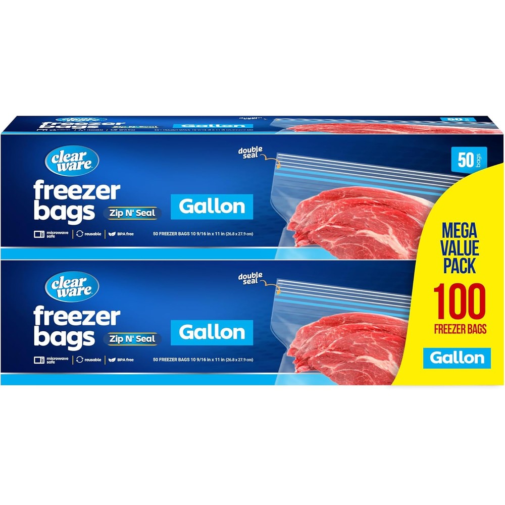 Clearware Gallon Freezer Bags 100 Count front view of two boxes showing double zipper seal.