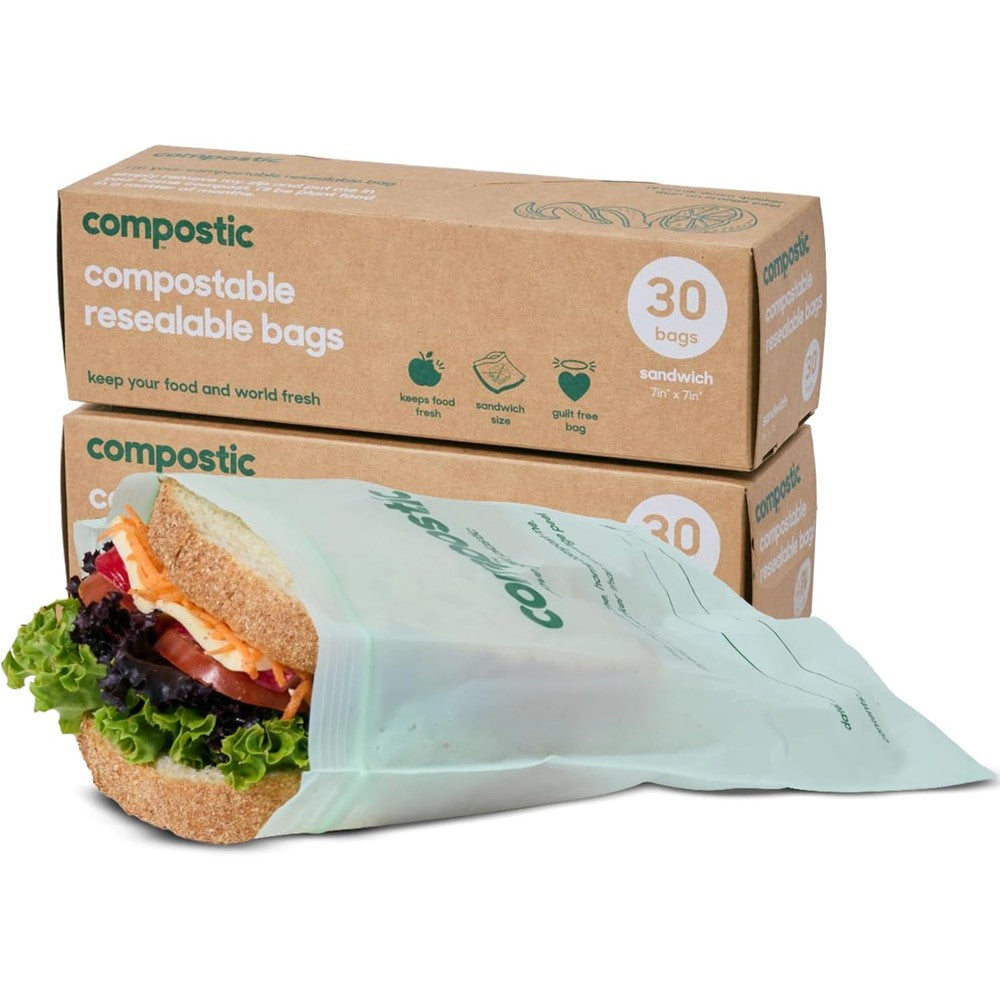 Compostic Home Compostable Resealable Sandwich Bags 60 Count front view eco friendly food storage.