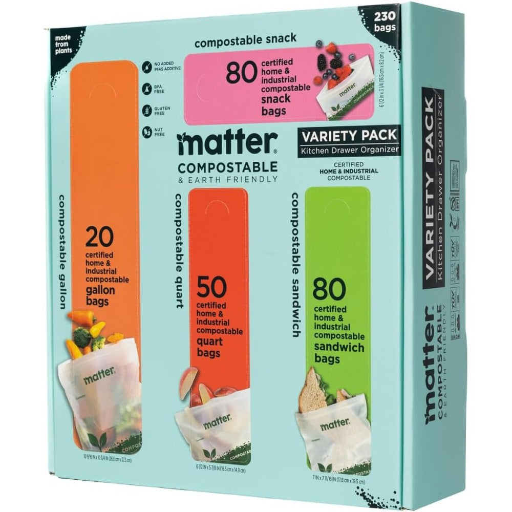 Matter Compostable Kitchen Bags Variety Pack front view showing 230 count box and assorted sizes.