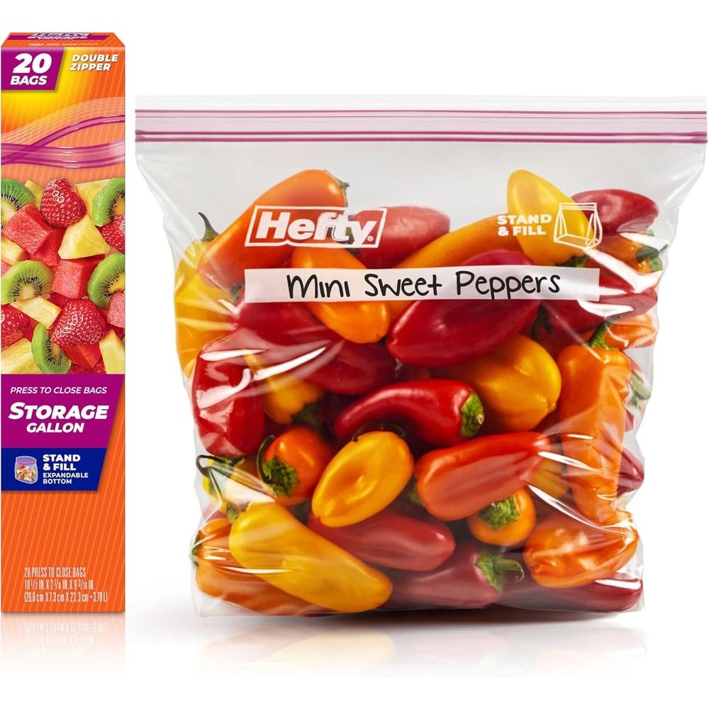 Hefty Press to Close Food Storage Bags Gallon Size 20 Count front view showing expandable bottom.