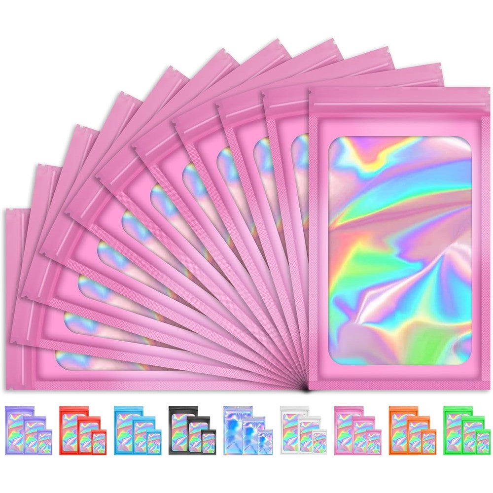 Tifical 100 piece pink holographic mylar bags front view for small business packaging.