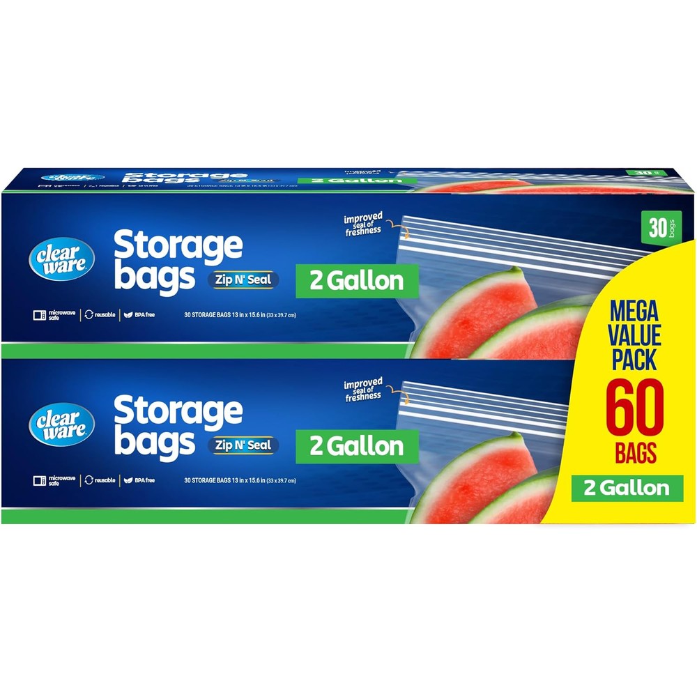 Clearware 2 Gallon Storage Bags 60 count pack front view showing double zipper seal for kitchen organization.