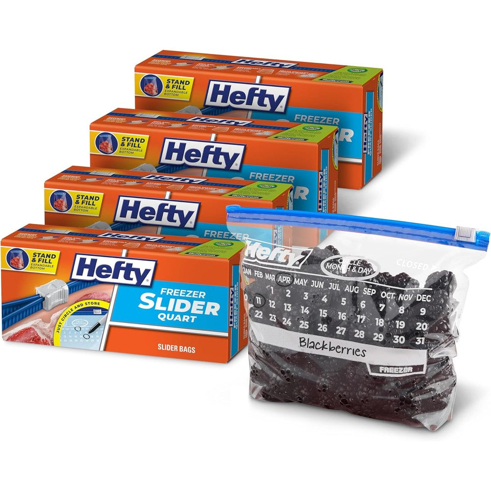 Hefty Calendar Slider Quart Freezer Bags front view showing the date tracking calendar.