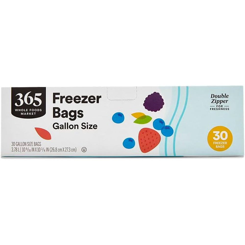 365 by Whole Foods Market Gallon Size Freezer Bags front view featuring airtight double zipper seal.
