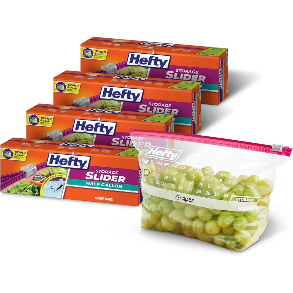 Hefty Slider Calendar Storage Bags 128 count pack front view authentic USA imported food bags.