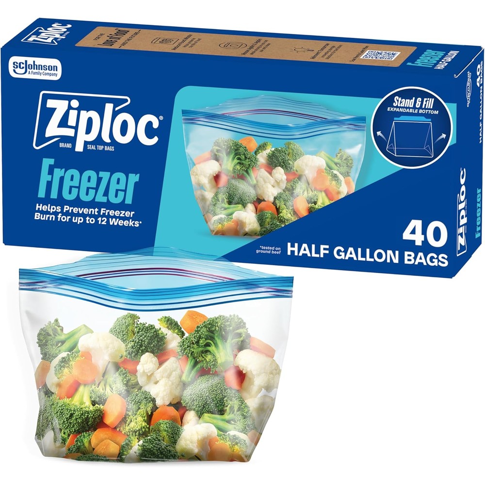 Ziploc Half Gallon Food Storage Freezer Bags 40 count pack front view authentic imported kitchen storage.