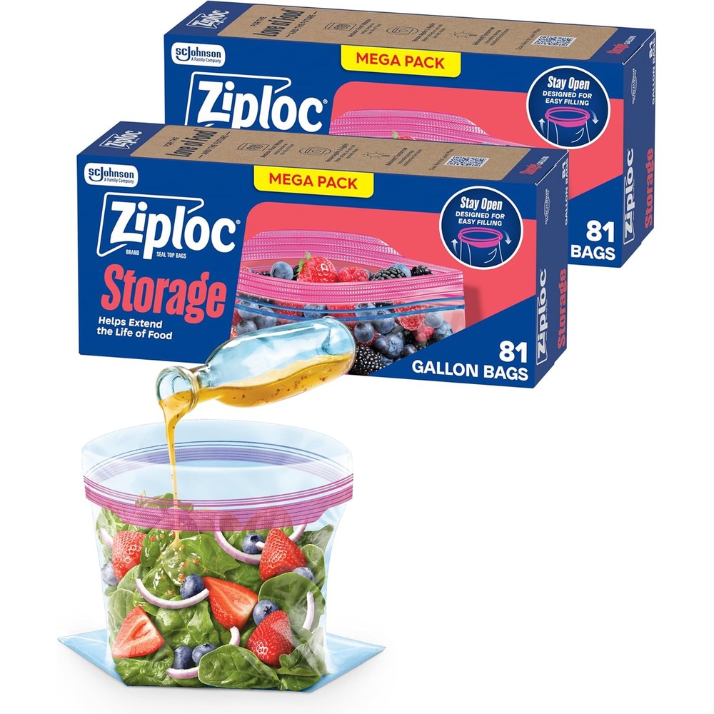 Ziploc Gallon Food Storage Bags 162 count box front view authentic USA imported kitchen essentials.
