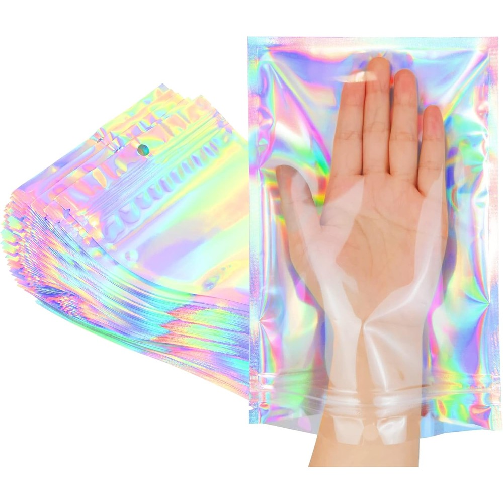 Trunple holographic smell proof mylar bags front view showing clear window and rainbow finish.