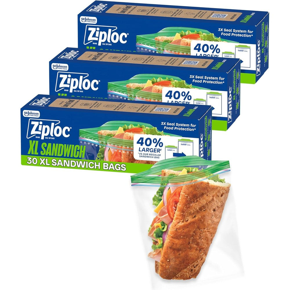 Ziploc XL Sandwich Bags 90 Count box front view authentic food storage.