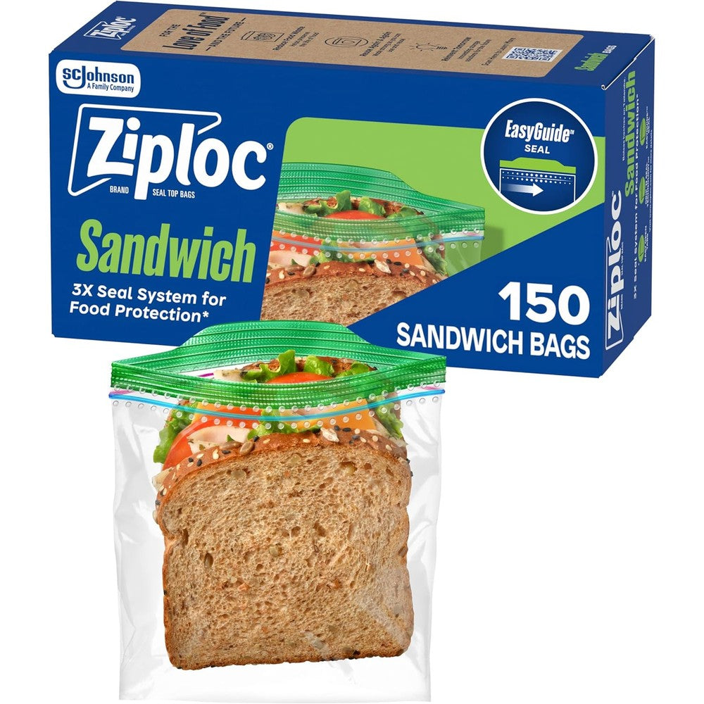 Ziploc Sandwich and Snack Bags 150 count pack front view food storage.