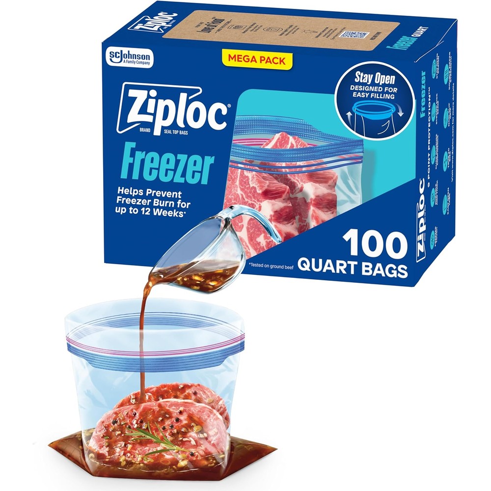 Ziploc Quart Food Storage Freezer Bags 100 count box front view with Grip n Seal technology.