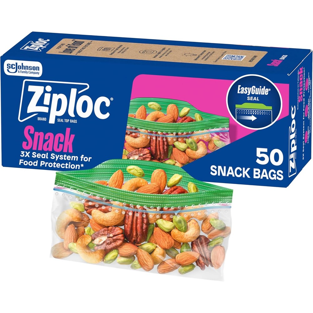Ziploc Snack Bags with EasyGuide Texture front view food storage.