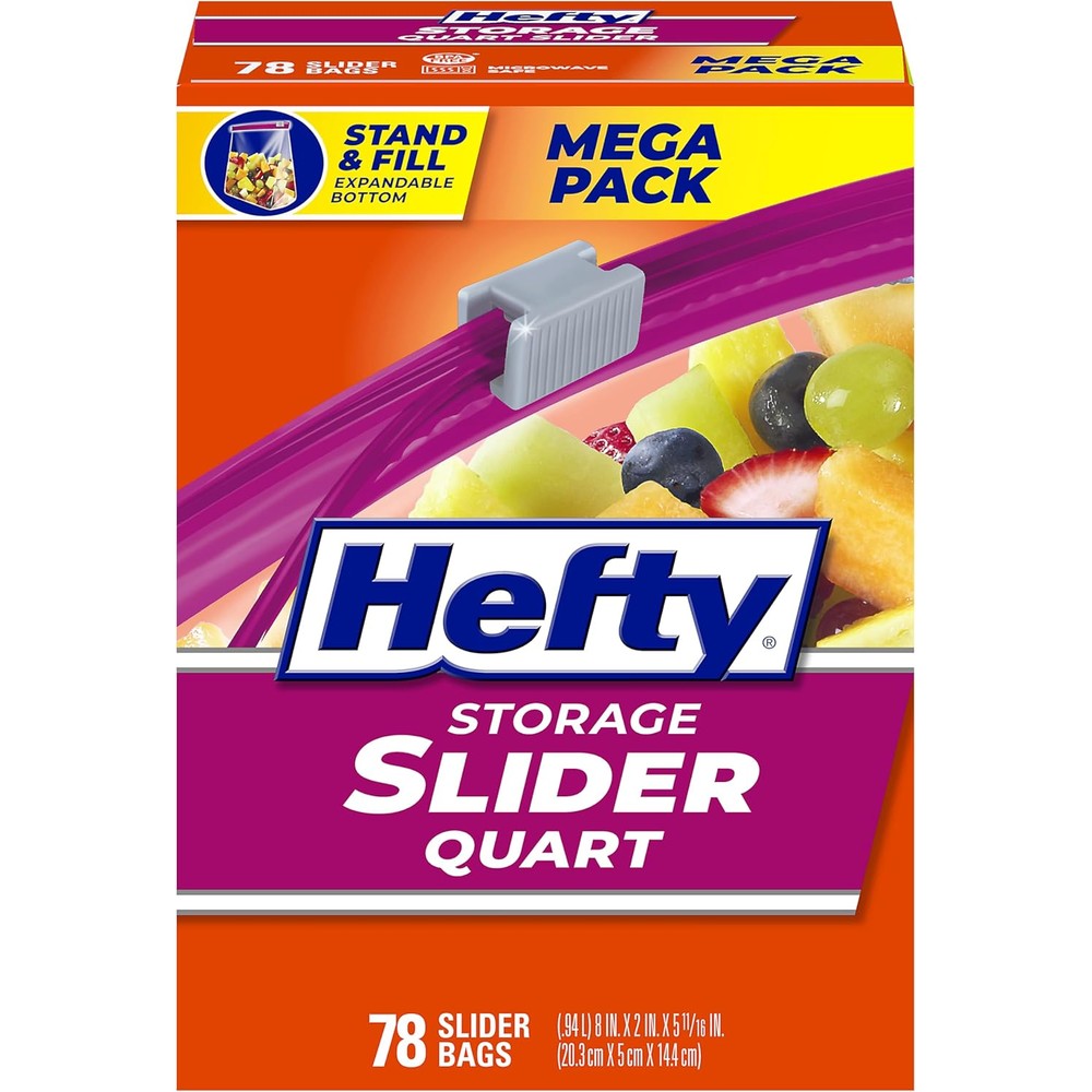 Hefty Slider Kitchen Storage Bags Quart Size 78 Count front view imported food storage bags.
