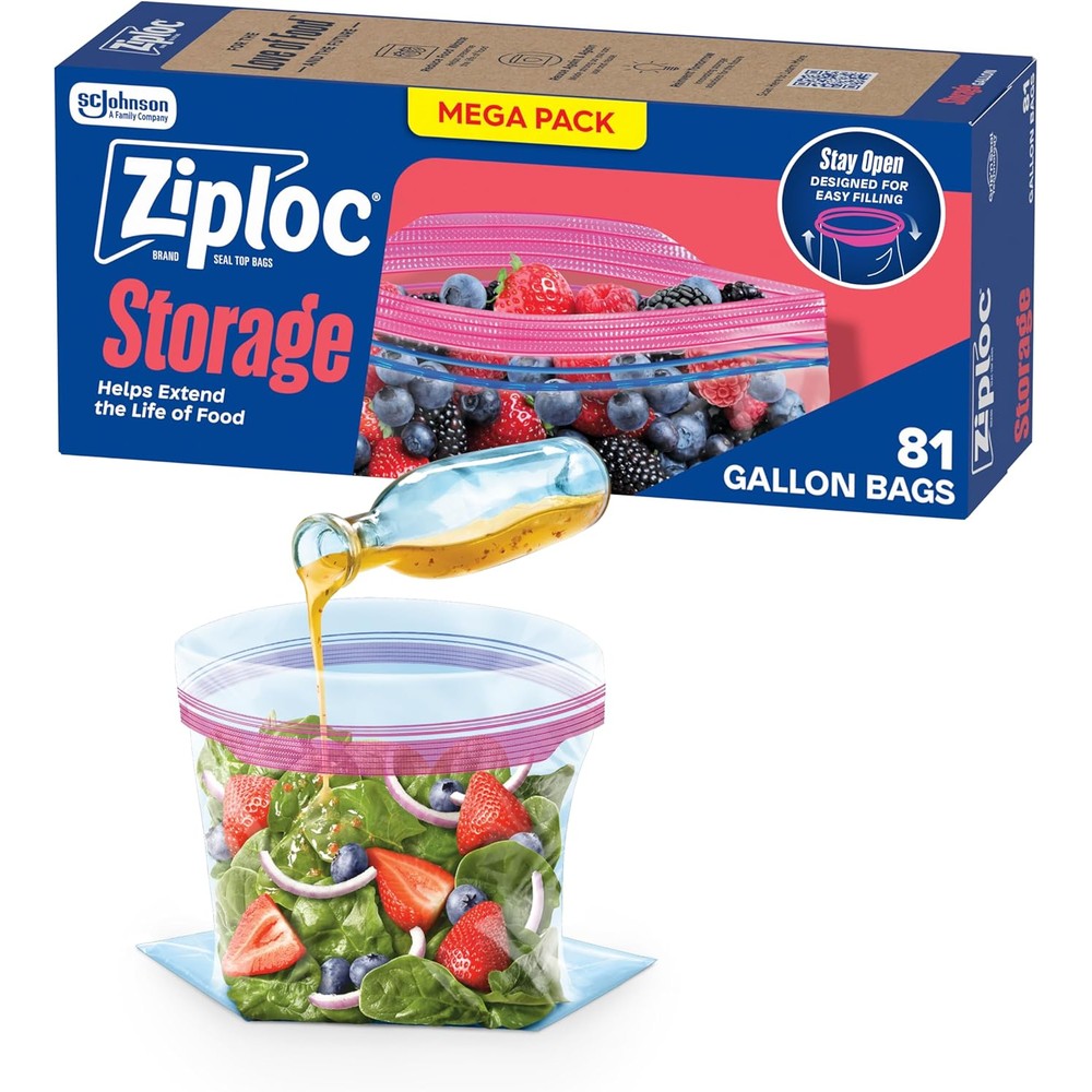 Ziploc Gallon Food Storage Bags front view 81 count mega pack for food preservation.