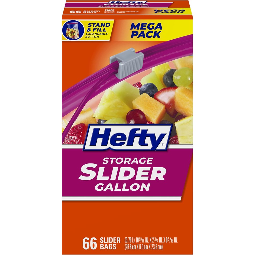 Hefty Slider Kitchen Storage Bags 66 Count Mega Pack front view showing slider closure.