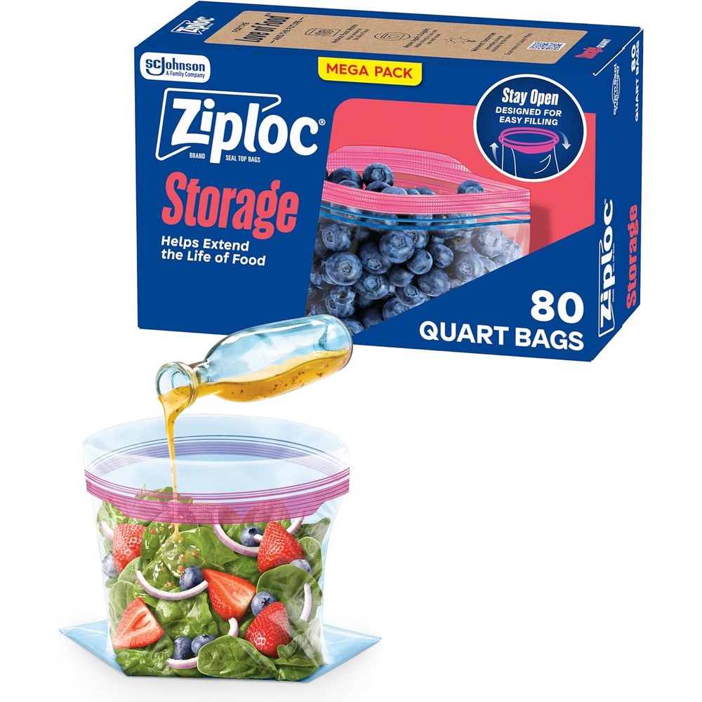 Ziploc Quart Food Storage Bags 80 count box showing stand-up bottom design.