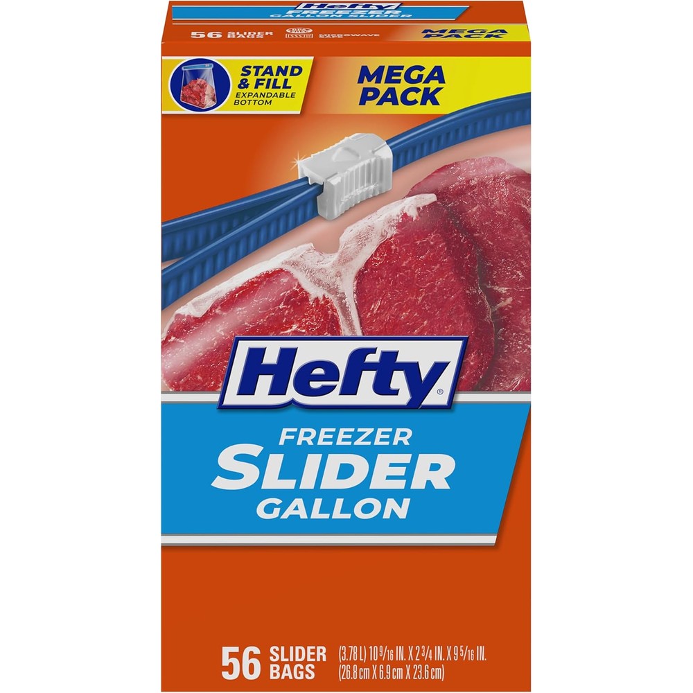 Hefty Slider Freezer Kitchen Storage Bags Gallon Size 56 Count front view mega pack