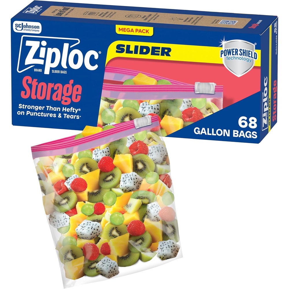 Ziploc Gallon Food Storage Slider Bags 68 count box front view for durable kitchen organization.