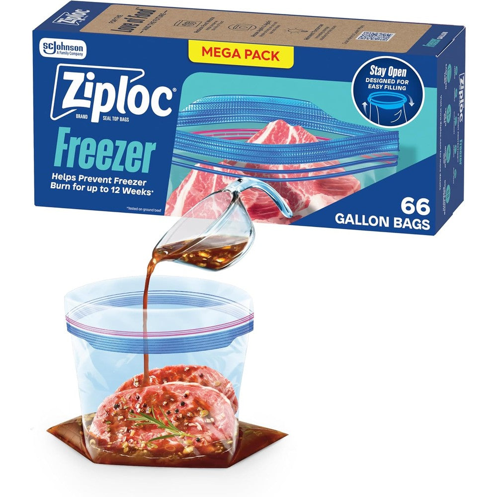 Ziploc Gallon Food Storage Freezer Bags 66 count mega pack front view for food preservation.