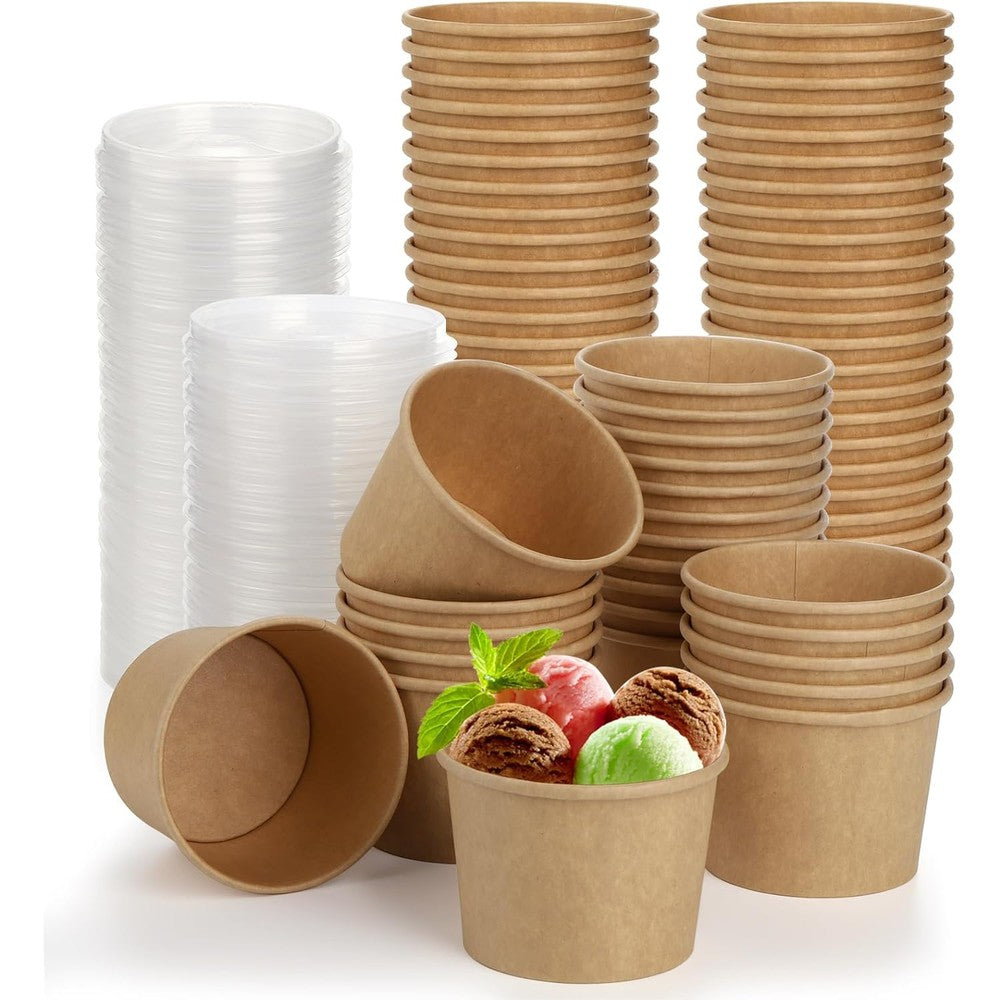 Lyellfe 100 Pack Disposable Kraft Paper Bowls with Lids front view heavy duty soup containers.