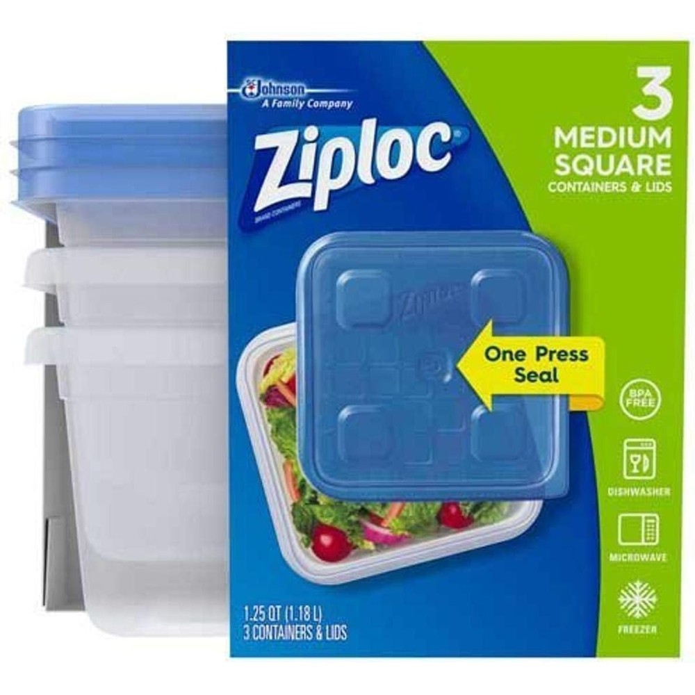 Ziploc Medium Square Food Storage Containers 3 Count pack front view for pantry organization.
