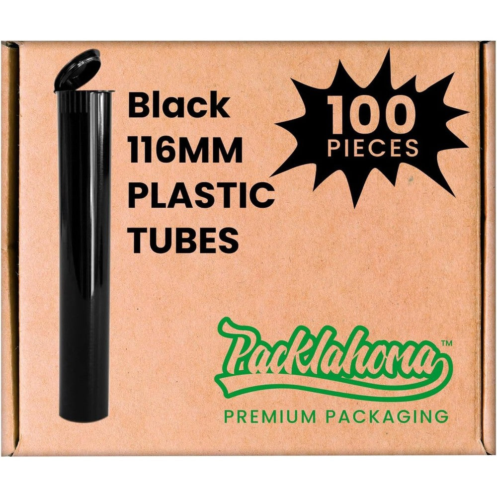 Packlahoma 116mm black pop top tubes 100 pack front view airtight storage containers.