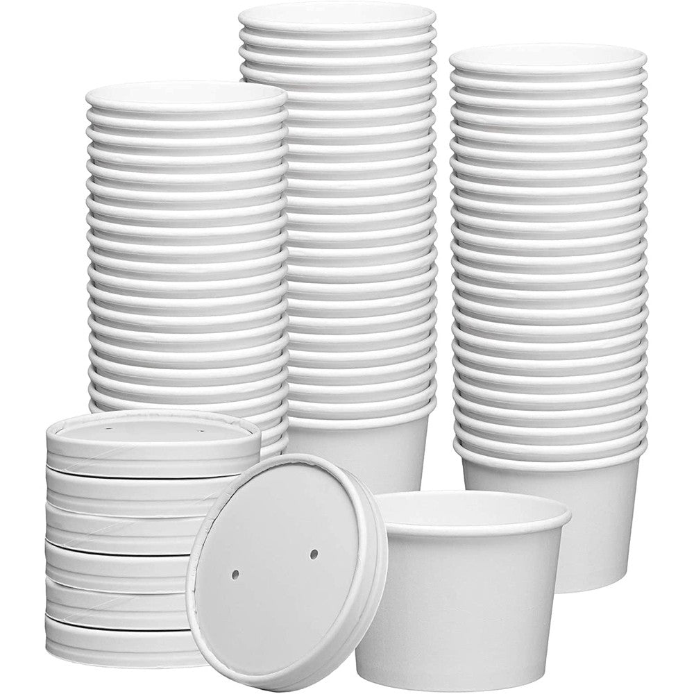 Gusto White Paper Food Containers front view with vented lids for authentic imported food storage.