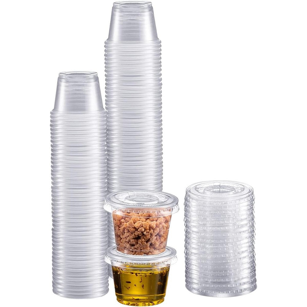 Zeml clear plastic portion cups with lids front view for kitchen meal preparation.