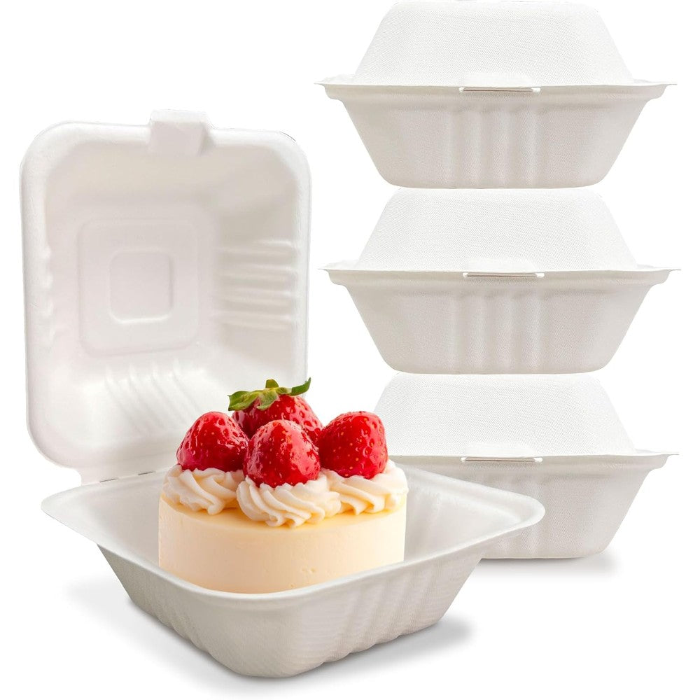 Harvest Pack 6x6 White Compostable Clamshell Food Containers front view showing eco-friendly bagasse texture.