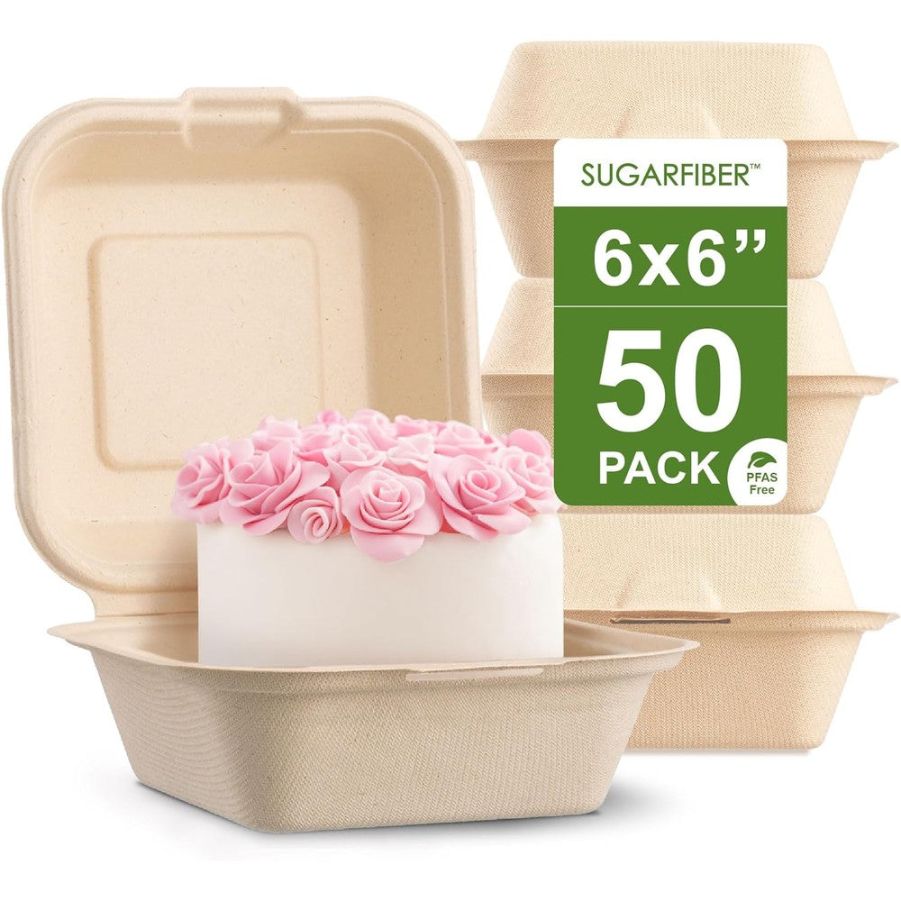 Harvest Pack Gourmet Showcase Sugarfiber 6x6 inch compostable clamshell food containers front view.