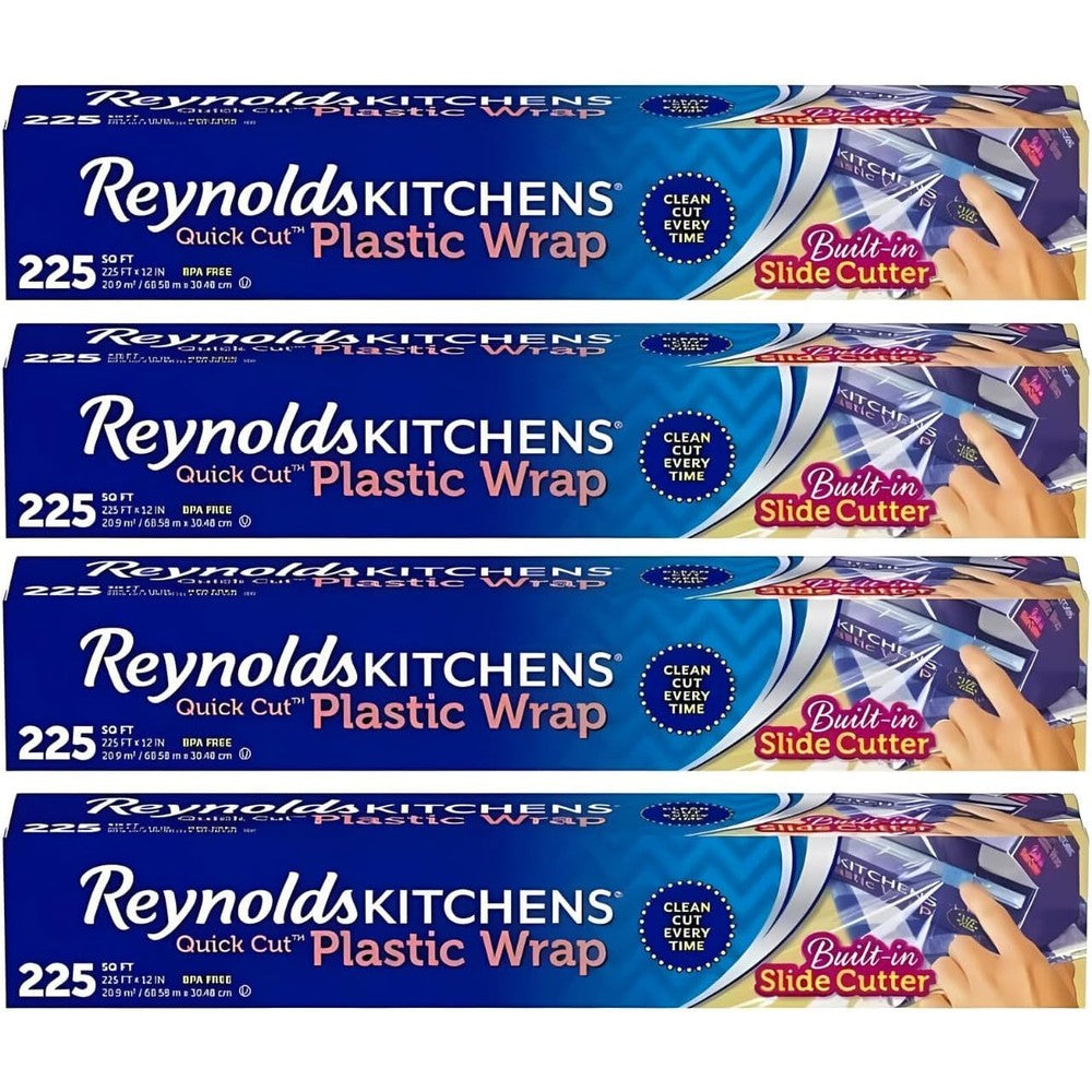 Reynolds Kitchens Quick Cut Plastic Wrap front view of four pack box