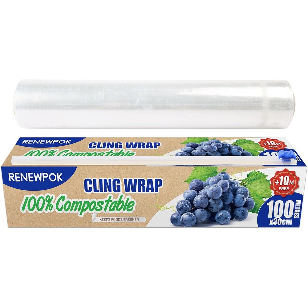 Renewpok 100% compostable plastic wrap dispenser front view with slide cutter