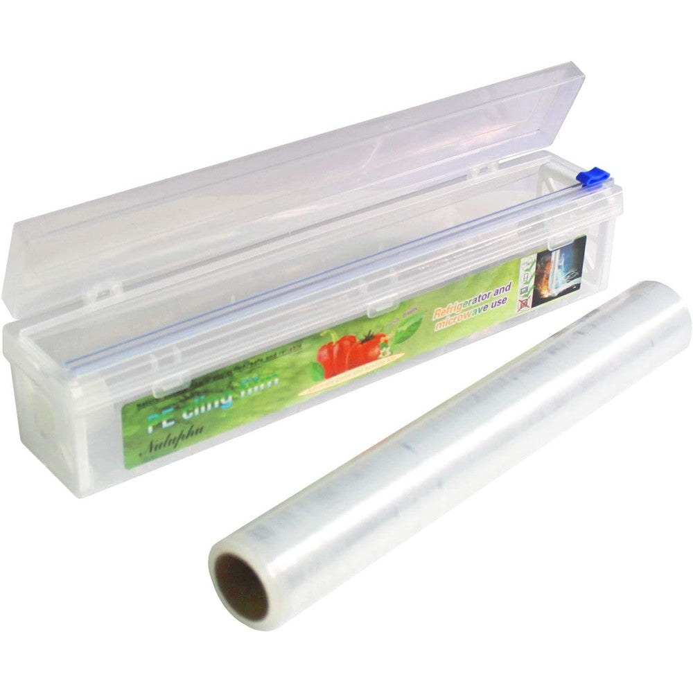 Nuluphu plastic wrap dispenser with slide cutter front view for kitchen storage.