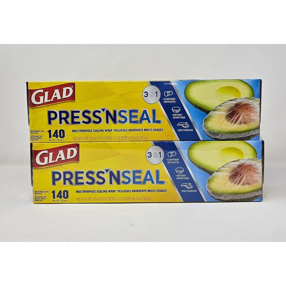 Glad Press'N Seal Multi Purpose Sealing Wrap front view of two 140 square feet boxes.