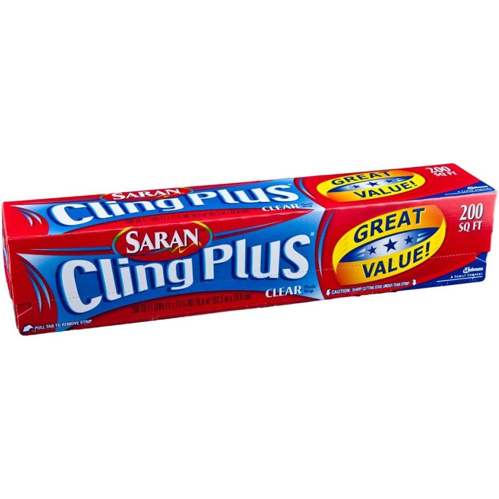 Saran Cling Plus Plastic Wrap 200 square feet front view clear food storage film.