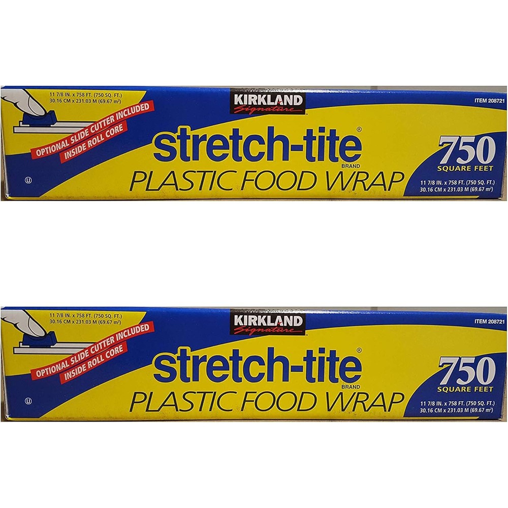 Kirkland Signature Stretch Tite Plastic Food Wrap 2 pack front view authentic imported kitchen cling film.