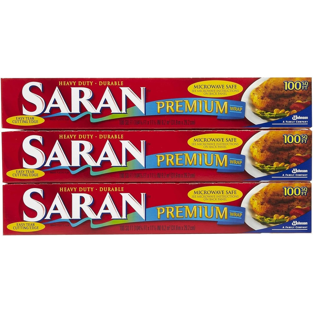 Saran Wrap Premium Plastic Wrap 3 pack front view food storage film.