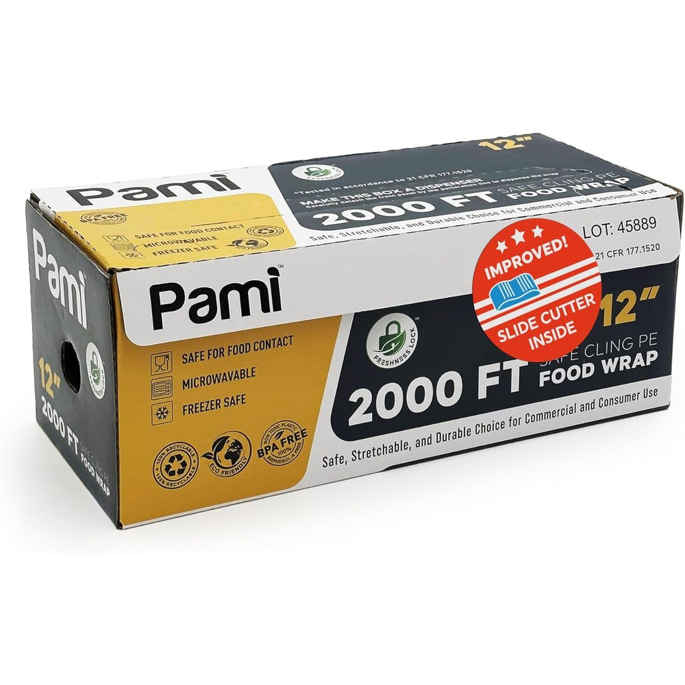 PAMI Clear Plastic Food Wrap front view of dispenser box with slide cutter