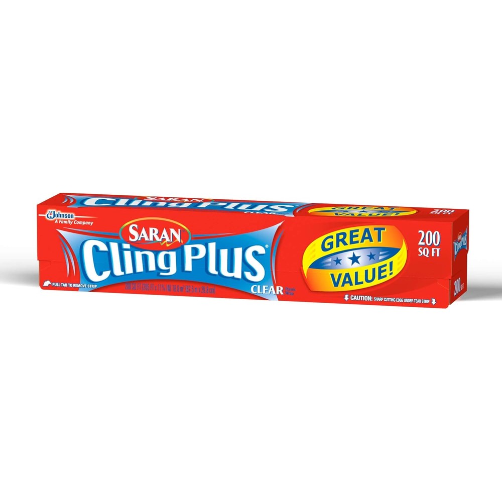 Saran Cling Plus 200 Square Foot Roll front view of packaging for food preservation.