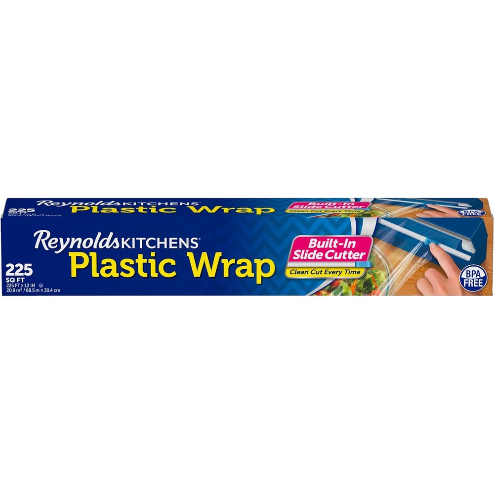 Reynolds Kitchens Quick Cut Plastic Wrap front view of box with slide cutter.
