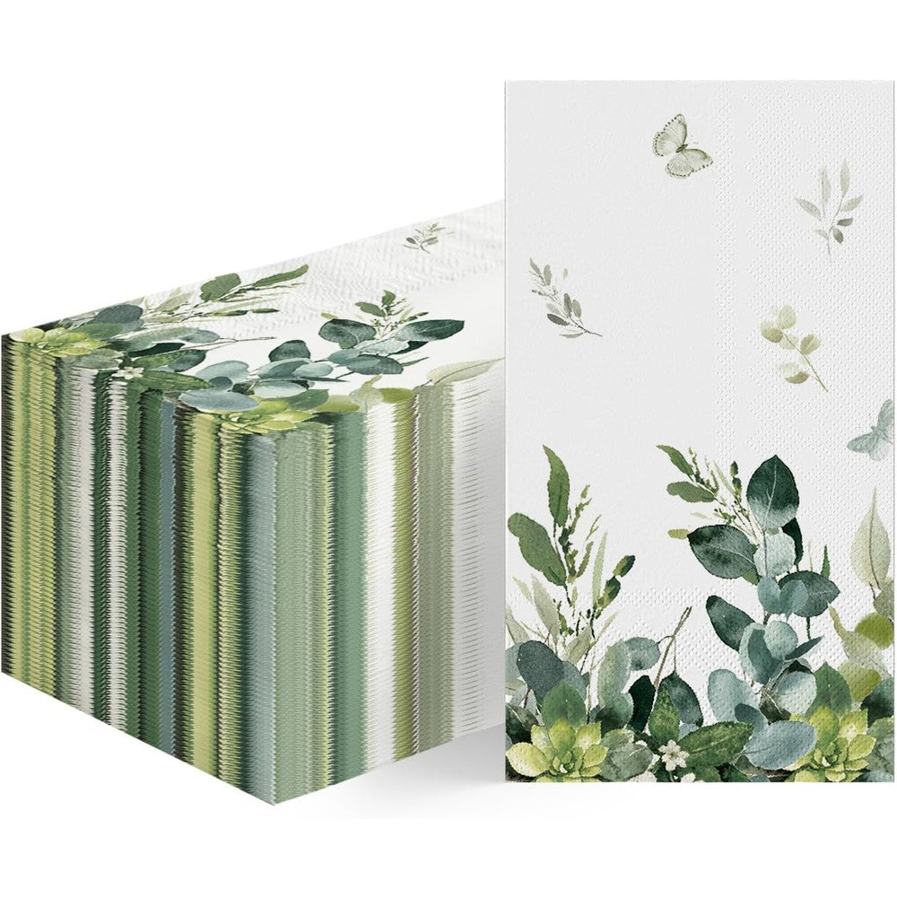 Horaldaily 100 Spring Disposable Paper Napkins front view with eucalyptus design.