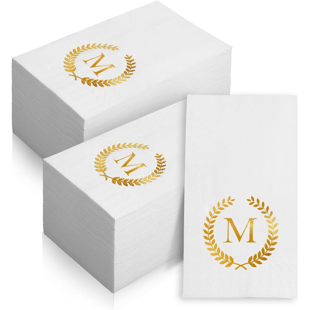 Datyiiha Monogrammed Disposable Napkins front view showing gold foil letter M design.