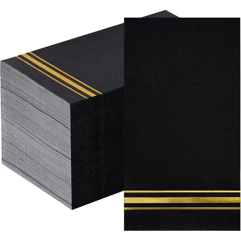 Hunanyume black and gold paper napkins front view for party table settings.