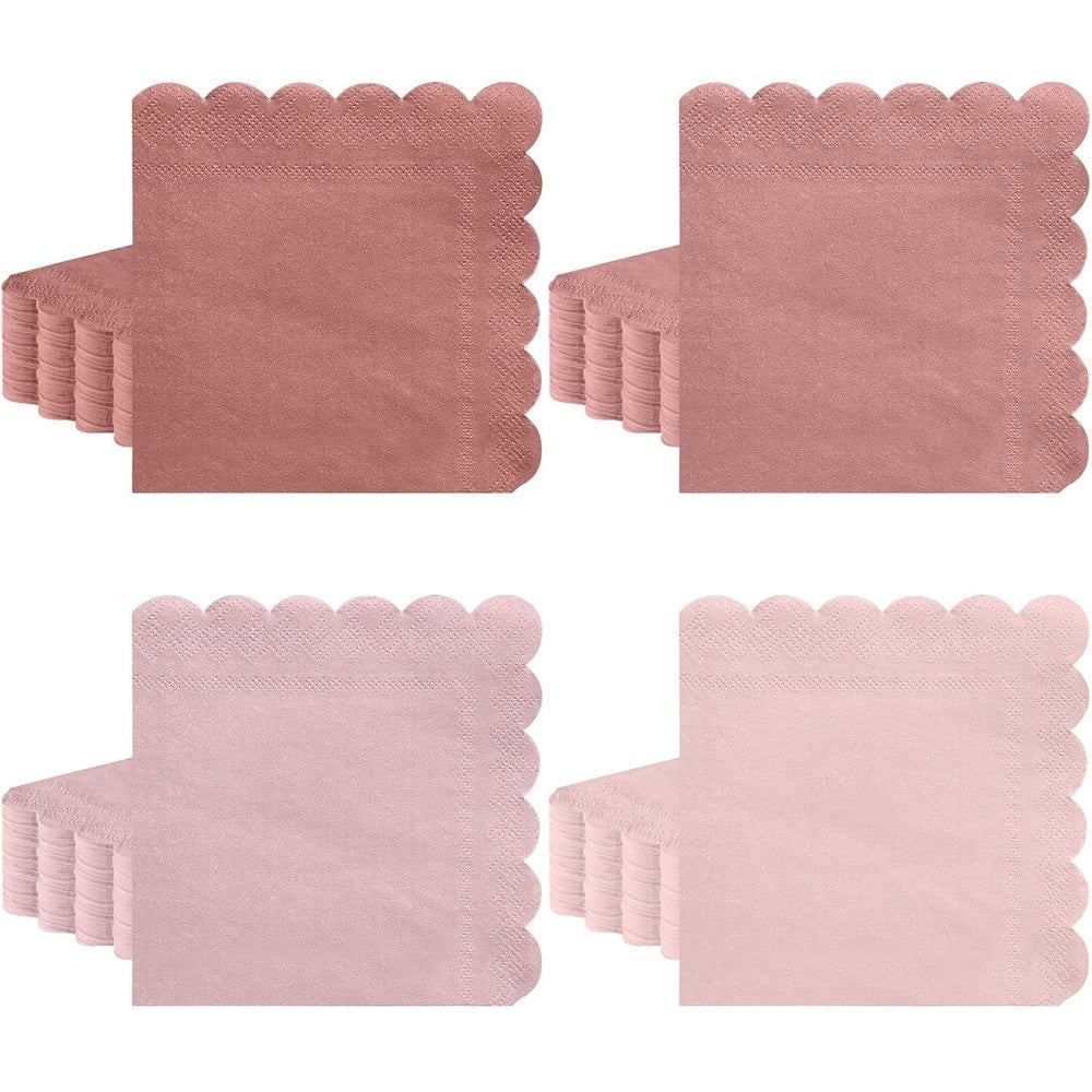 Xiangqu 120 Pack Dusty Pink gradient scalloped cocktail napkins front view.