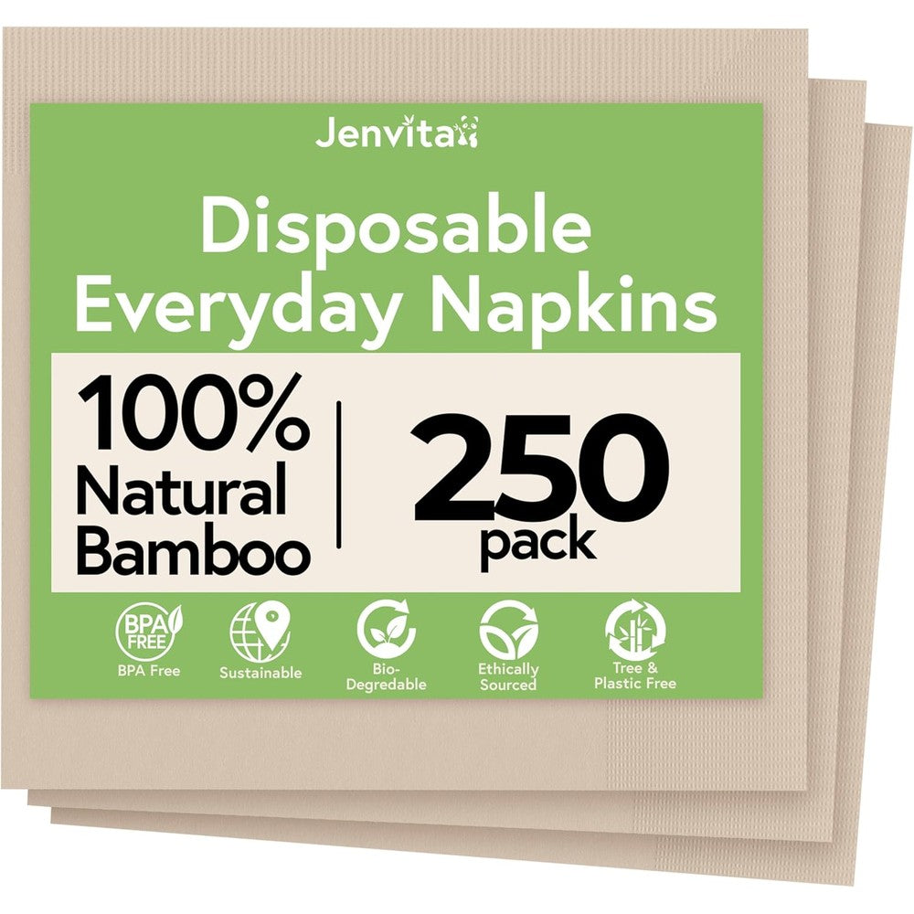 Jenvita Everyday Bamboo Napkins front view 250 count pack for eco-friendly dining.
